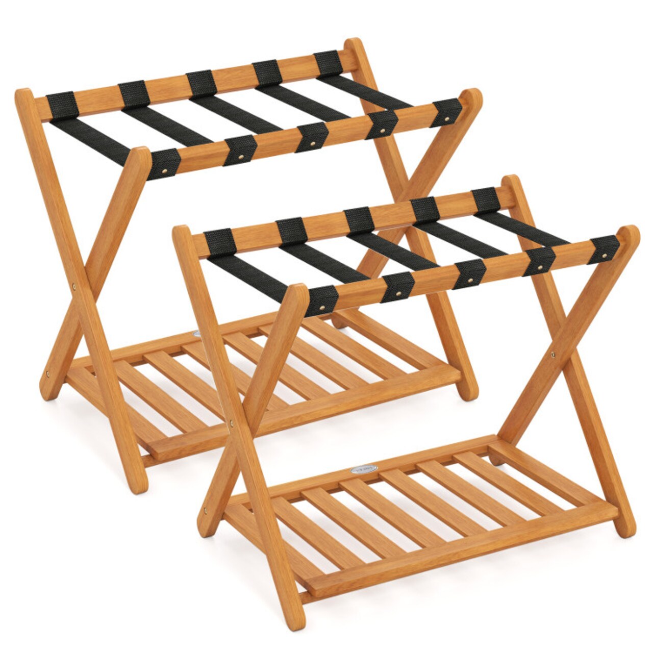 Folding Luggage Rack 2-Tier Wooden Suitcase Stand Acacia Wood Oak Finish with Nylon Straps